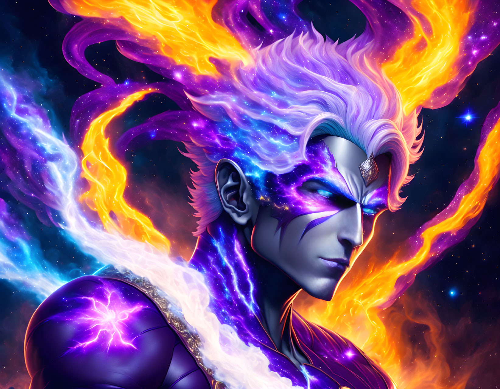 Character with Purple Skin and Flaming Hair in Cosmic Colors on Starry Space Background