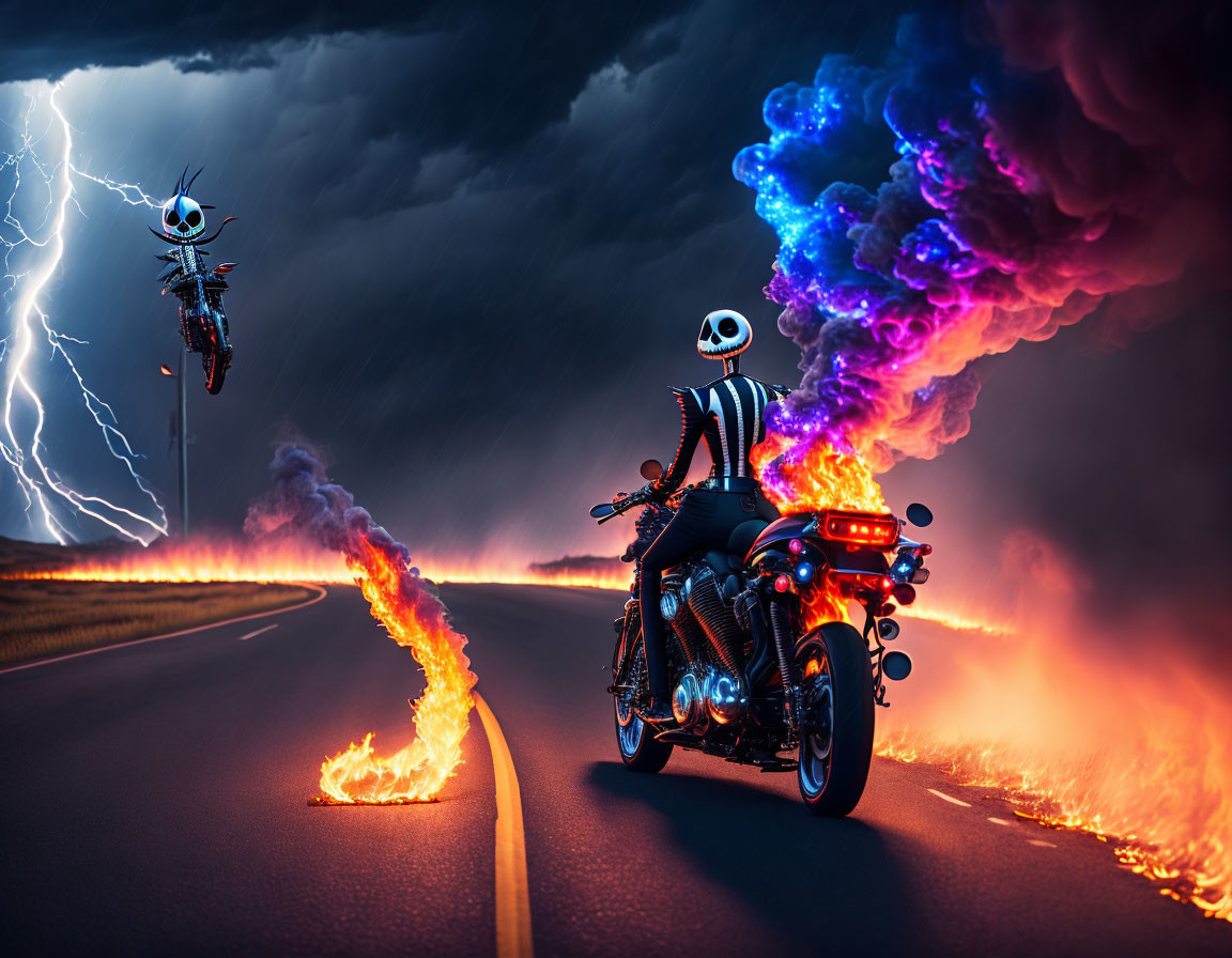 Stylized image: Jack Skellington-like character on fiery motorcycle with hovering robot in stormy