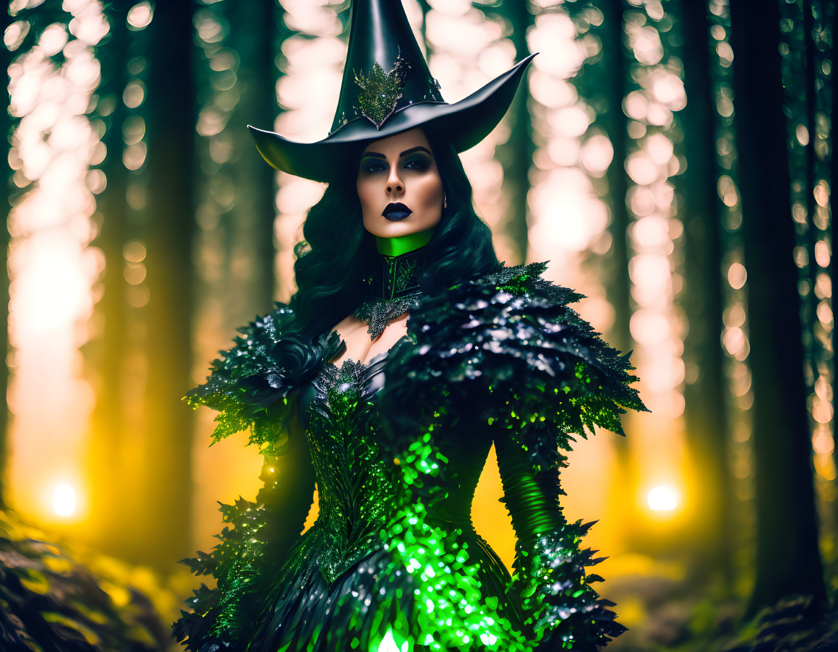 Vibrant green witch costume in enchanted forest setting