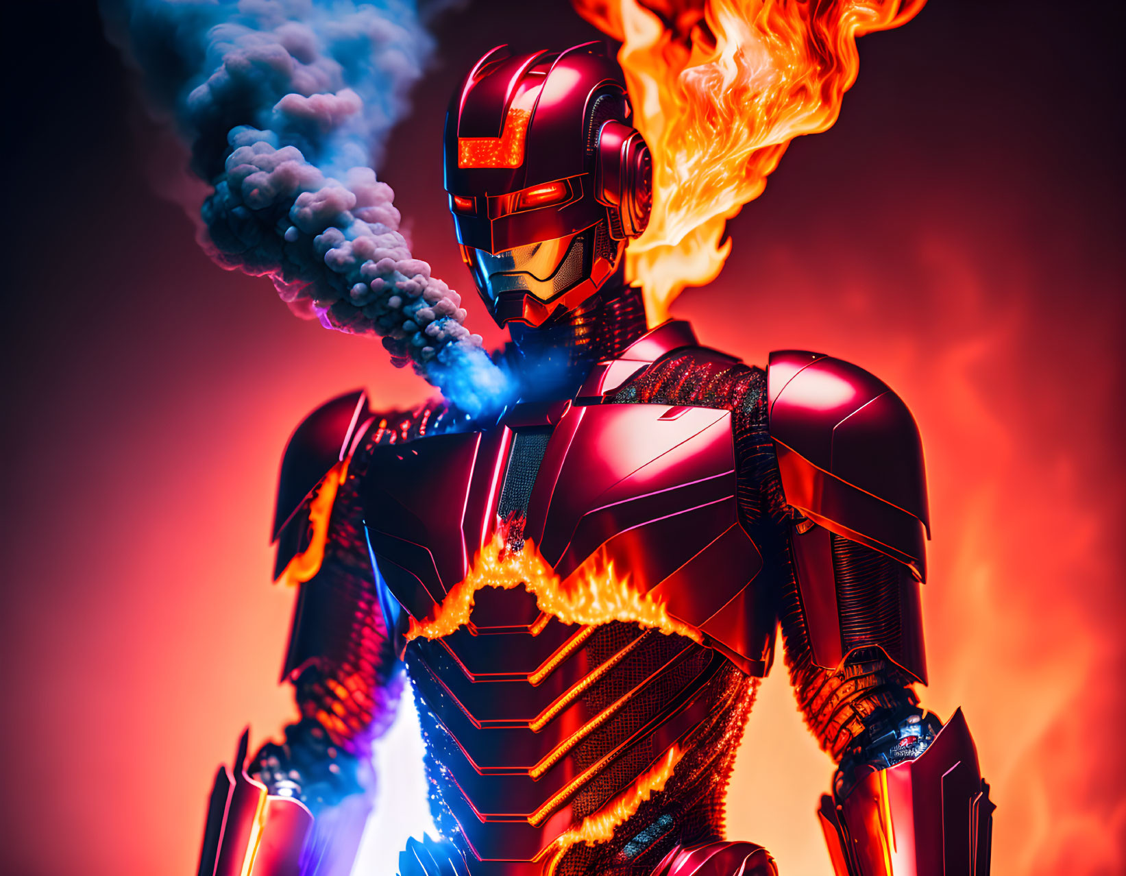 Detailed Iron Man Figure with Smoke and Flames on Red Background