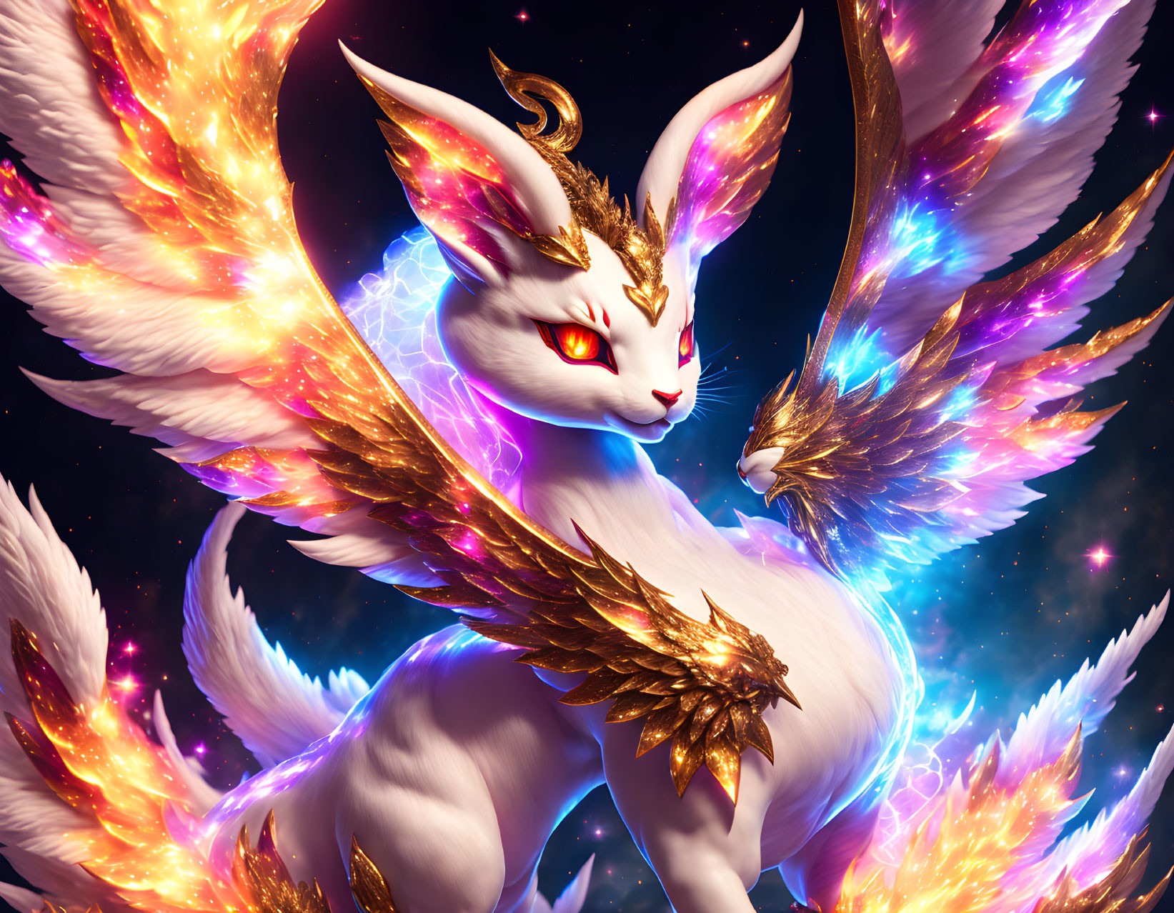 Majestic white creature with multicolored fiery wings on starry sky background