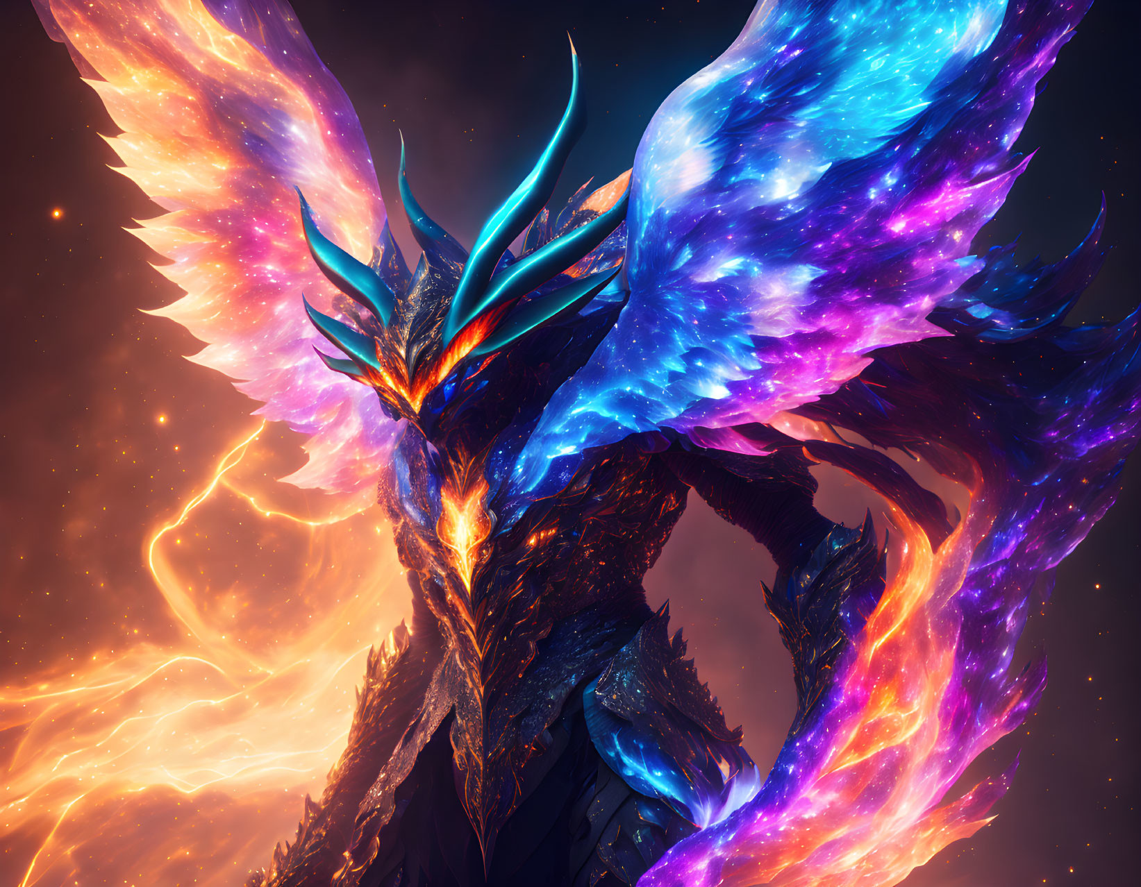 Majestic dragon with glowing blue wings in starlit sky