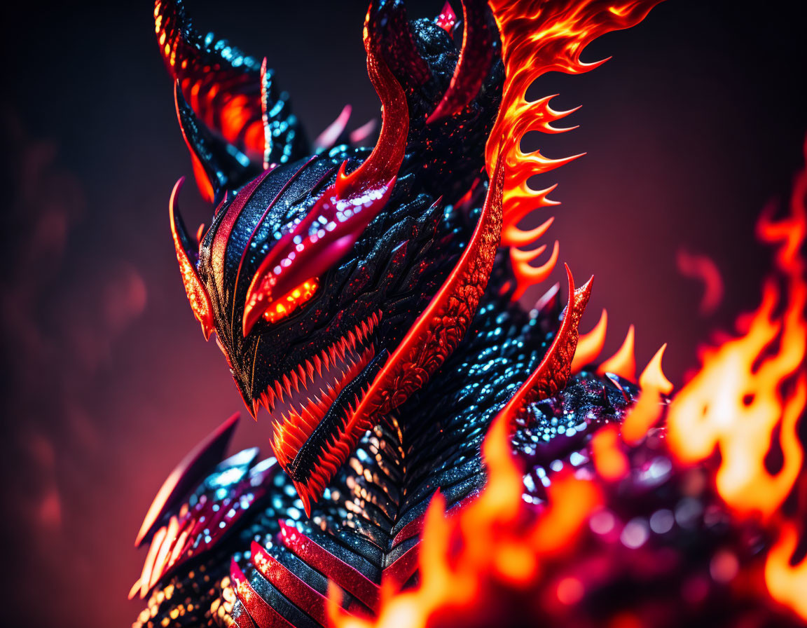 Stylized dragon with red eyes and flames on dark backdrop