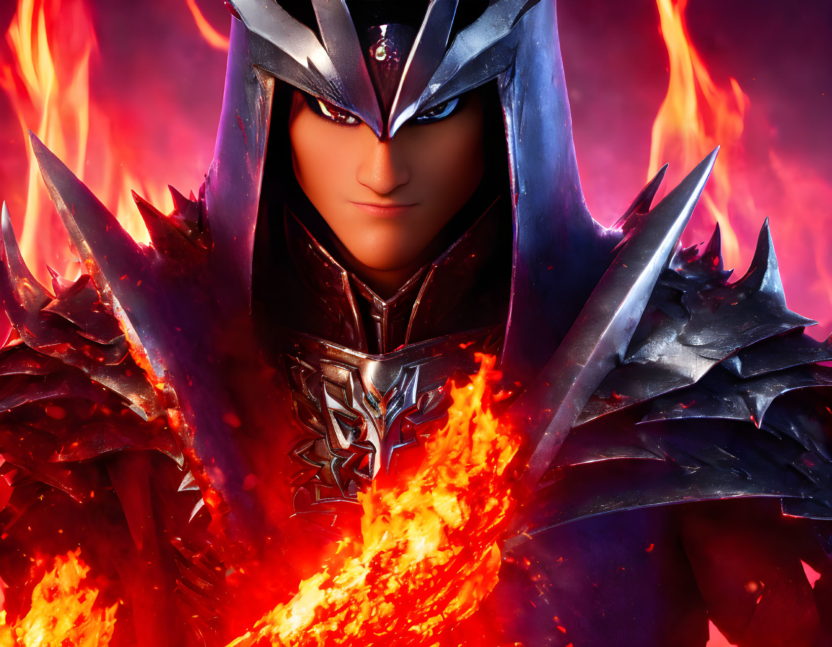 Animated character in ornate dark armor engulfed in flames