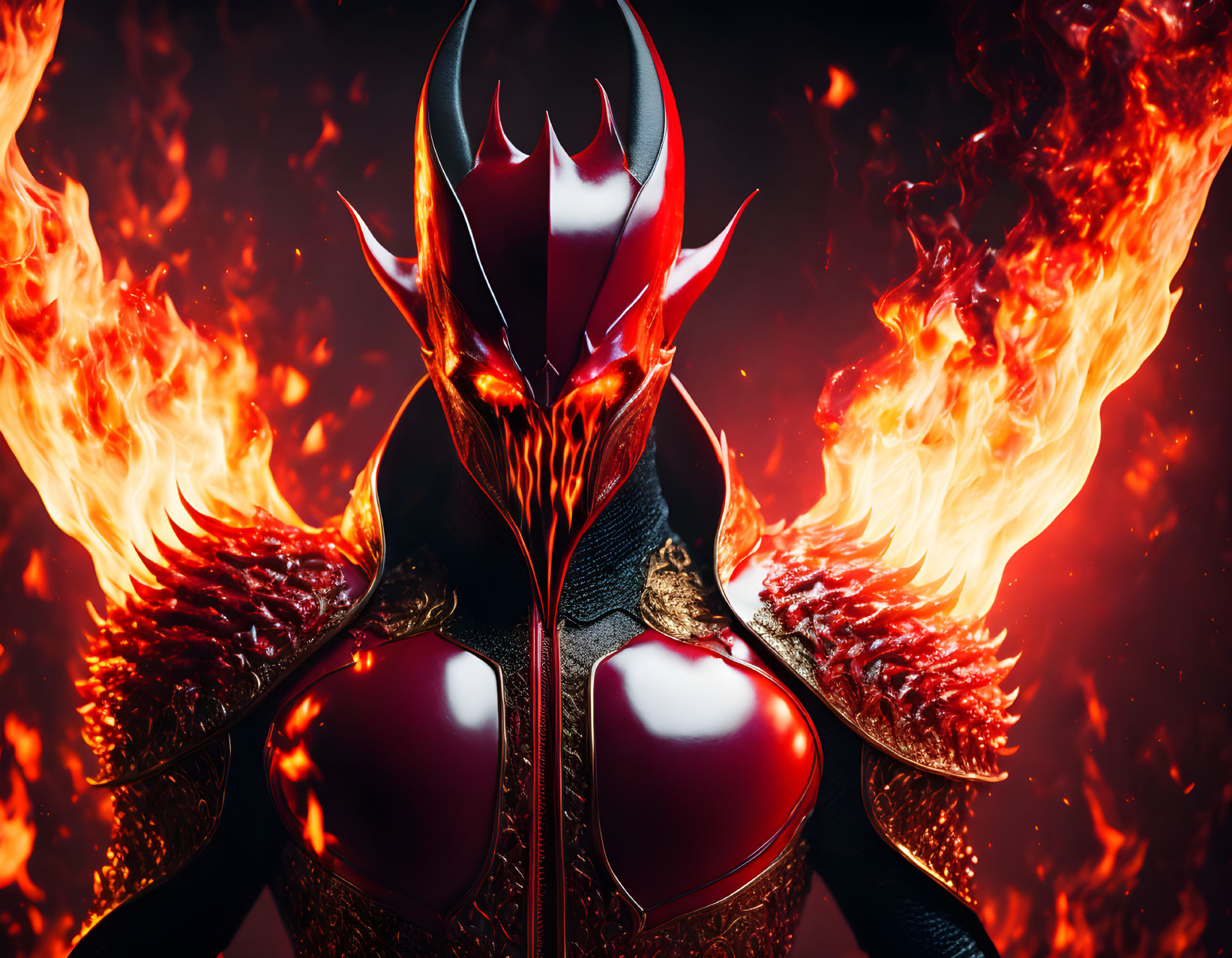 Armored figure in red and black with flaming background and horned helmet