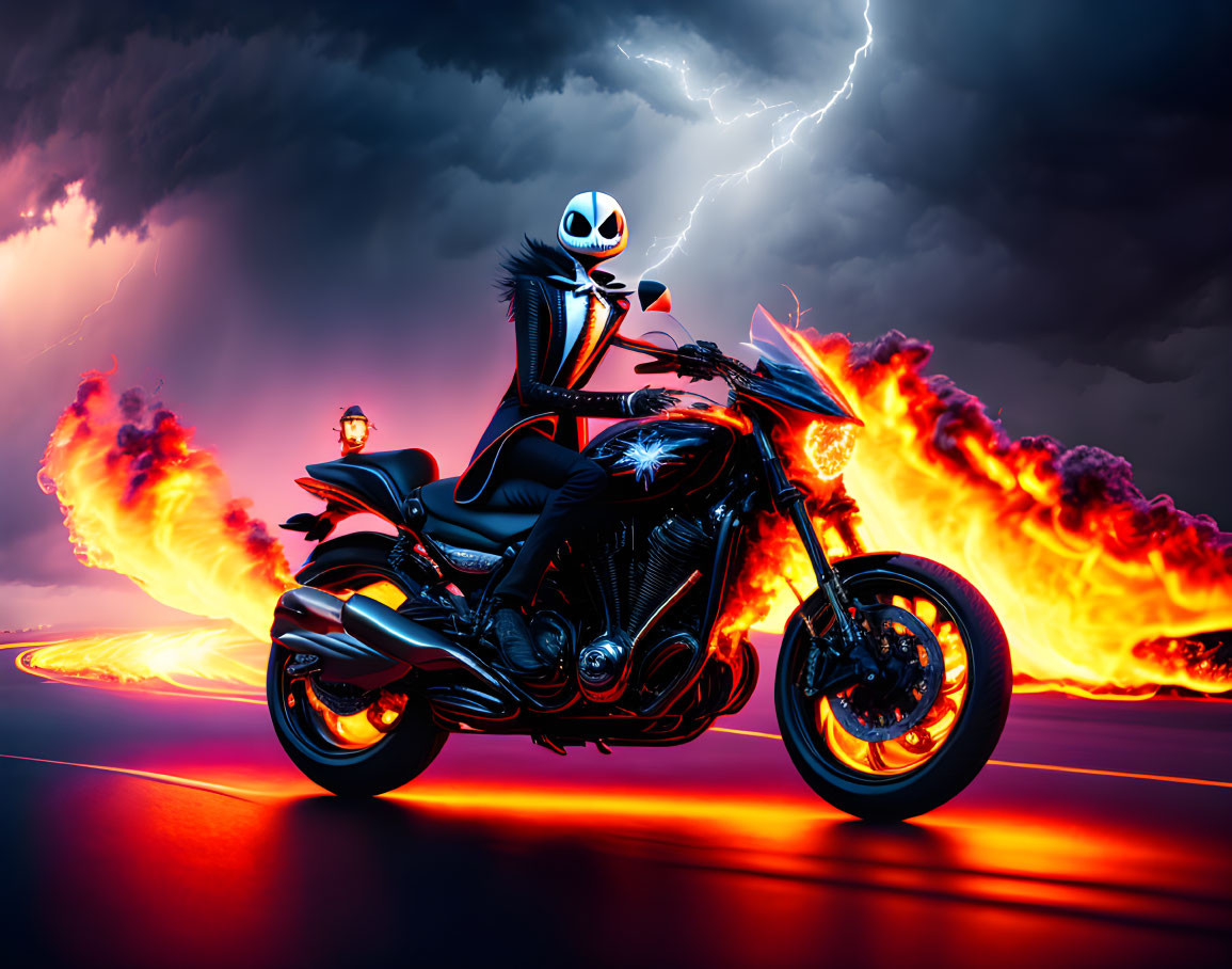 Stylized character on motorcycle with fiery trails in stormy background