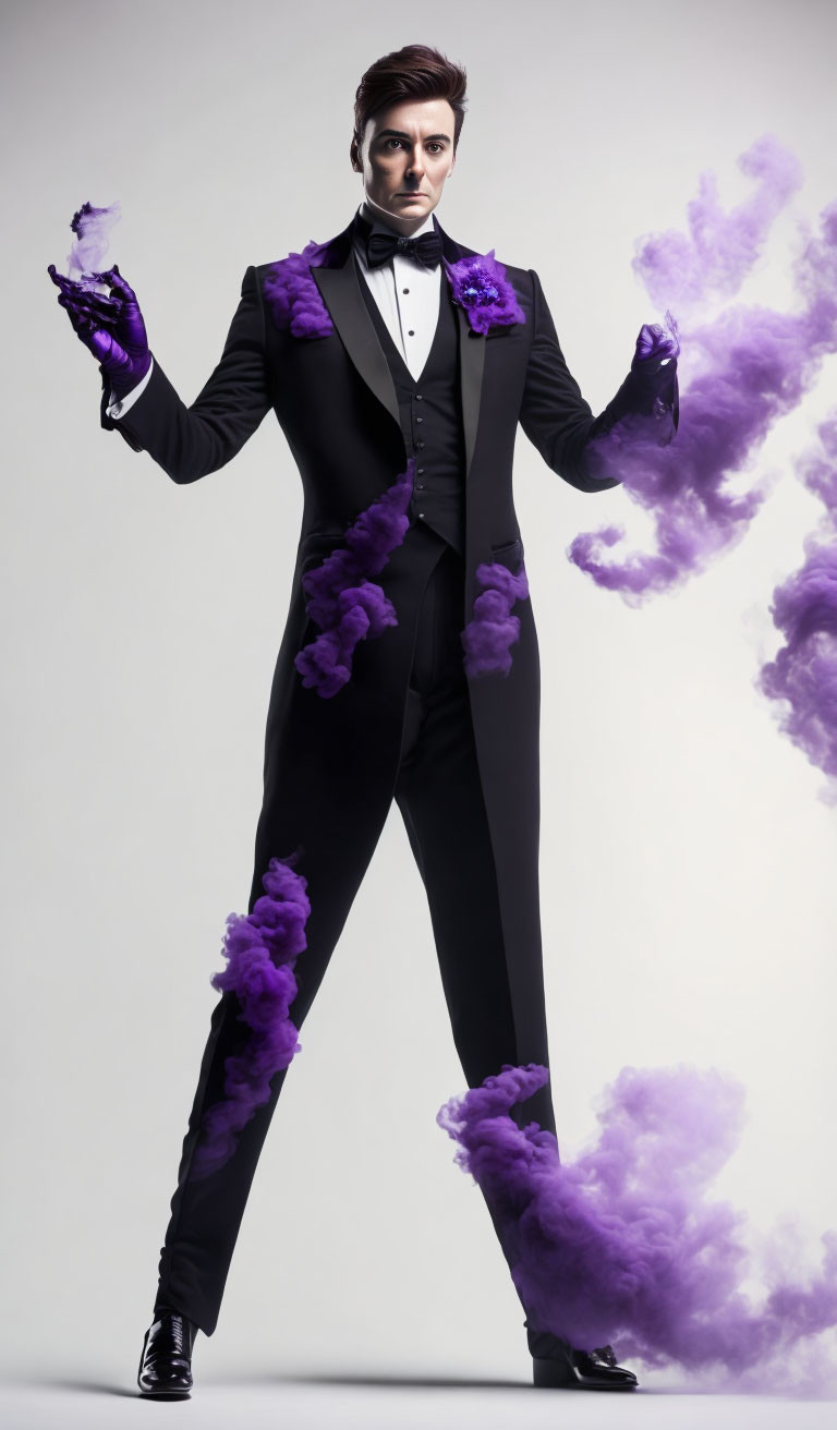 Person in Black Tuxedo Performing Magic Trick with Purple Smoke