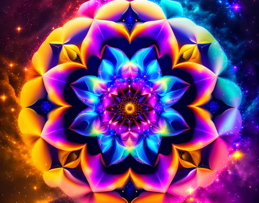 Symmetrical fractal flower in vibrant neon colors on cosmic background