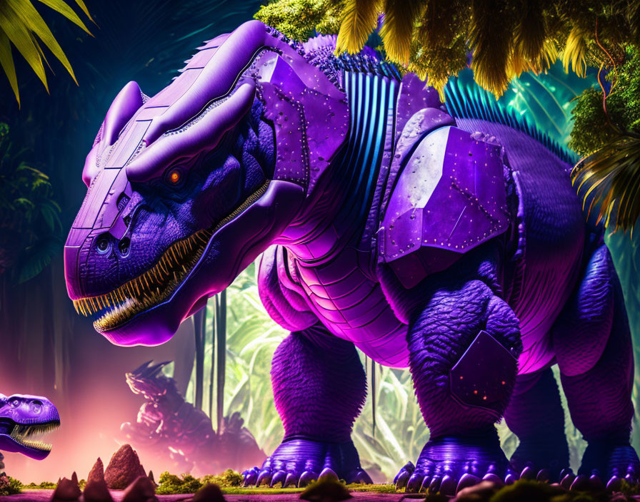 Purple Robotic Dinosaur in Lush Foliage with Dramatic Lighting