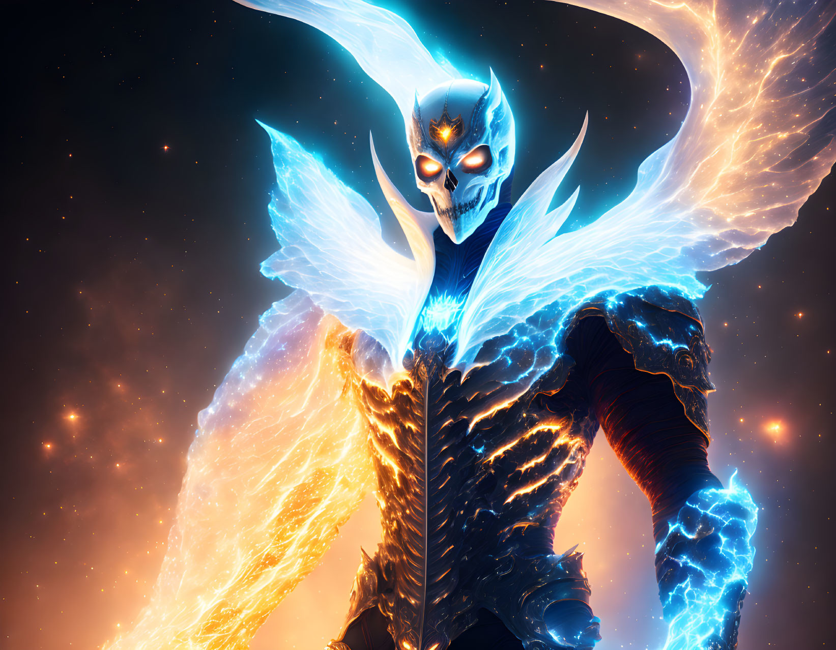 Digital artwork: Character with blue face mask, fiery wings, armor in space.