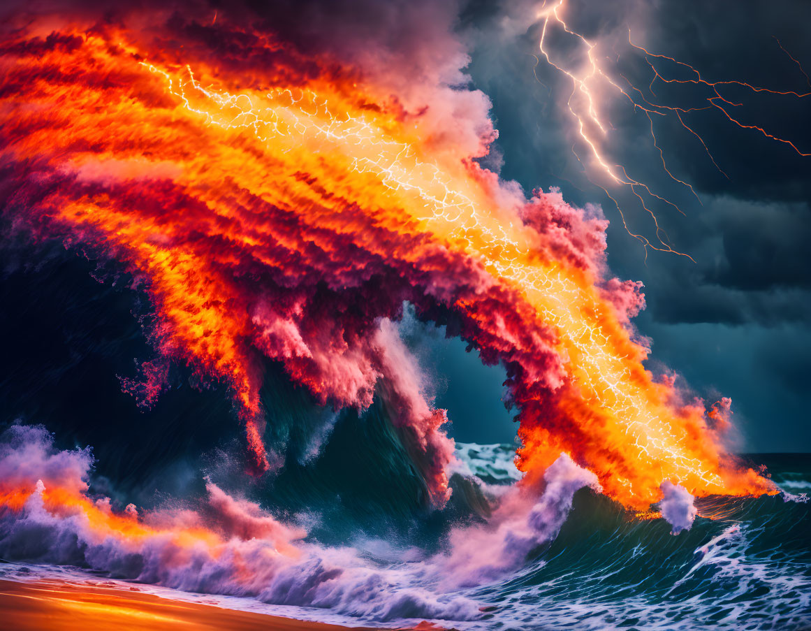 Digital art: Giant wave in fiery orange flames under stormy sky