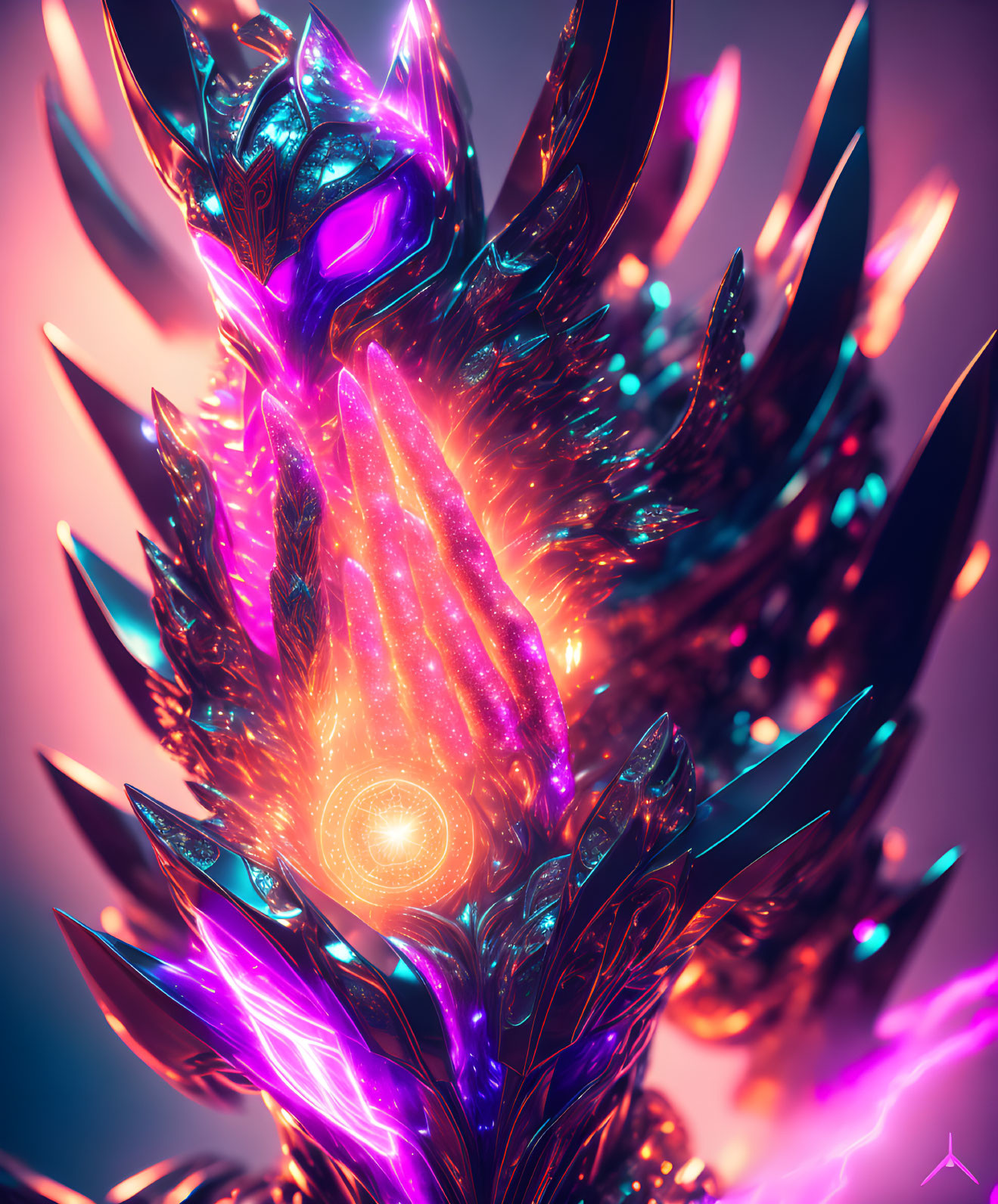 Colorful digital artwork featuring mystical armored figure with neon purple accents holding glowing orb amidst dynamic feather-like structures