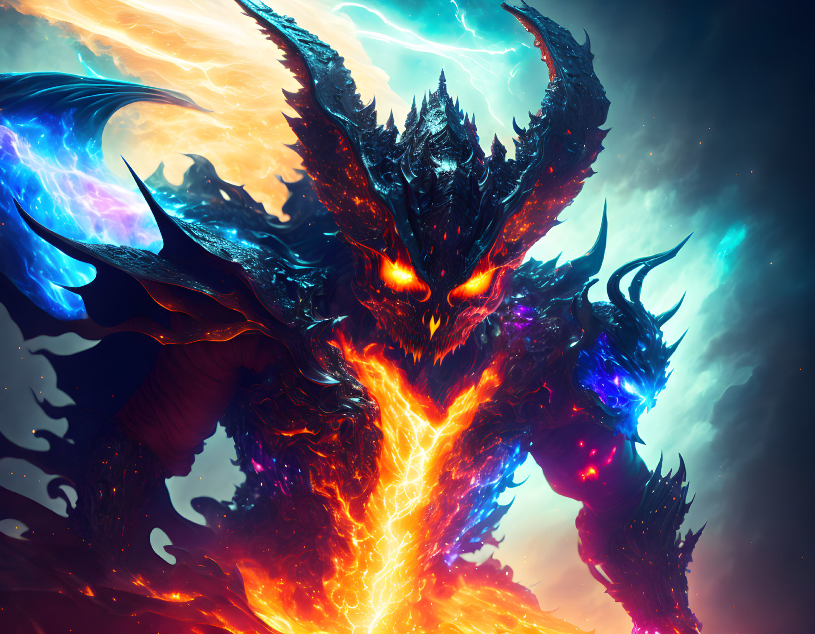 Majestic Dragon with Glowing Orange Eyes and Fiery Fissures in Dark Body