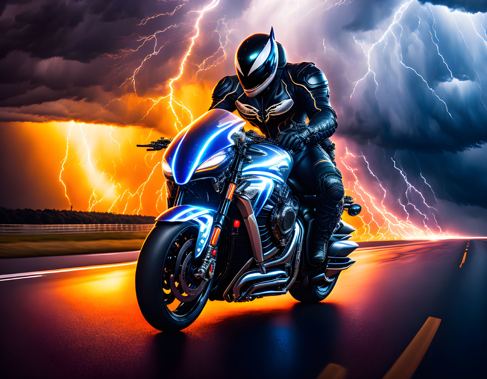 Nighttime motorcyclist in full gear on sportbike with stormy sky and lightning.