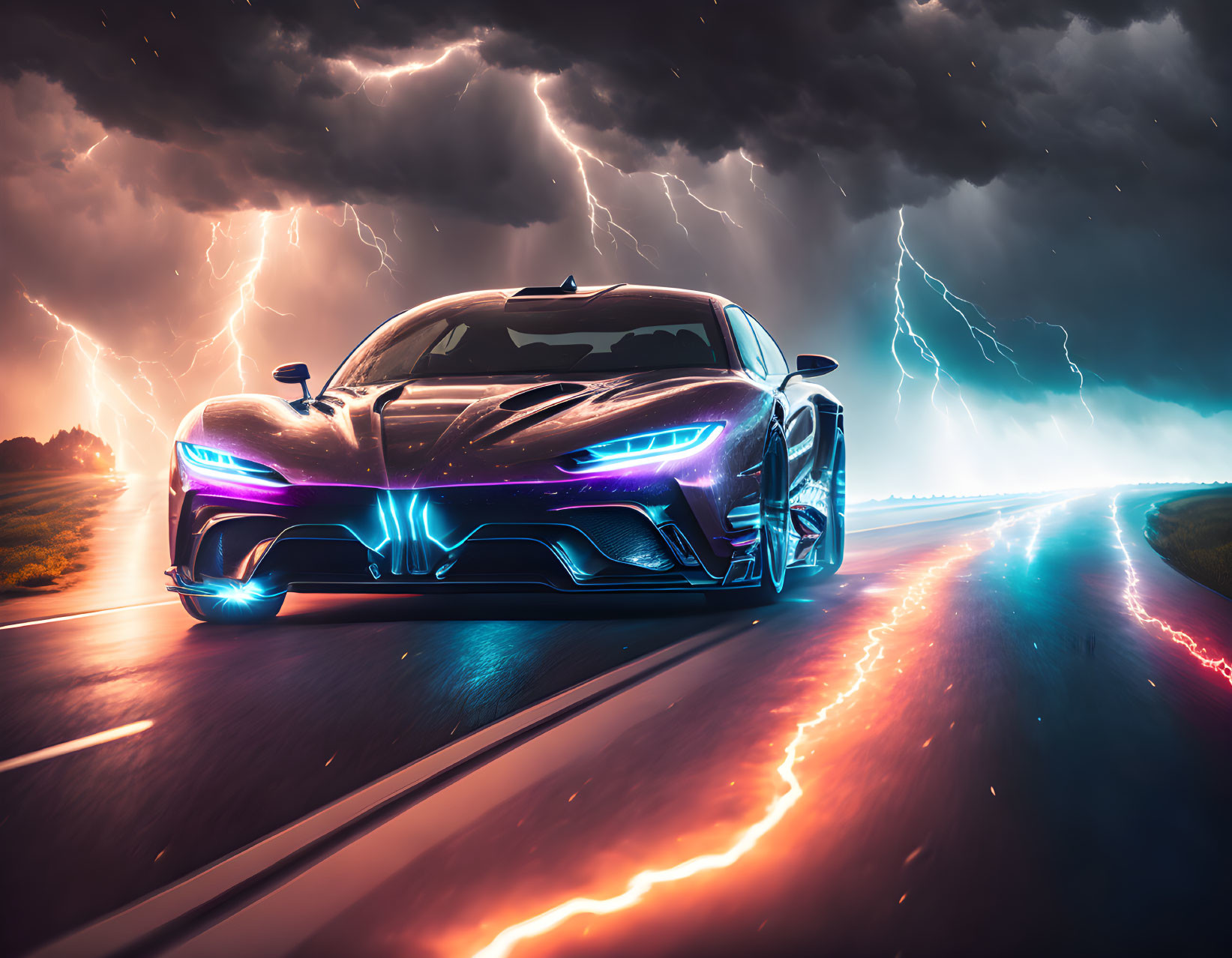 Sleek sports car on highway under stormy sky with lightning bolts