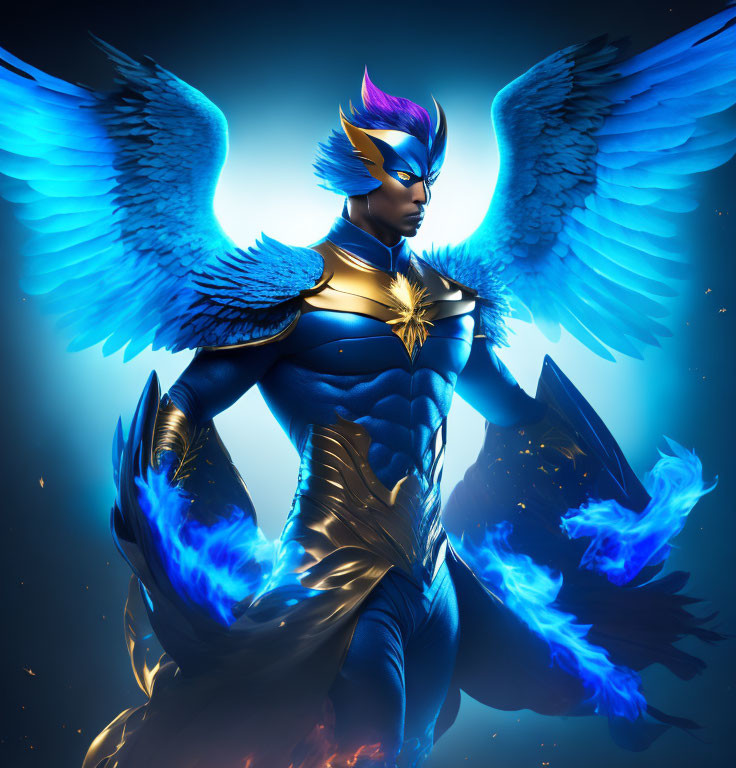 Superhero illustration with blue wings, dynamic suit, and flaming energy