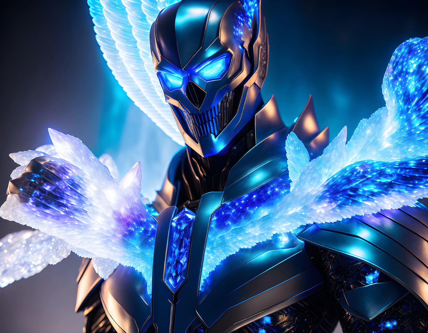 Futuristic warrior in intricate blue glowing armor with energy-based wings and weapons