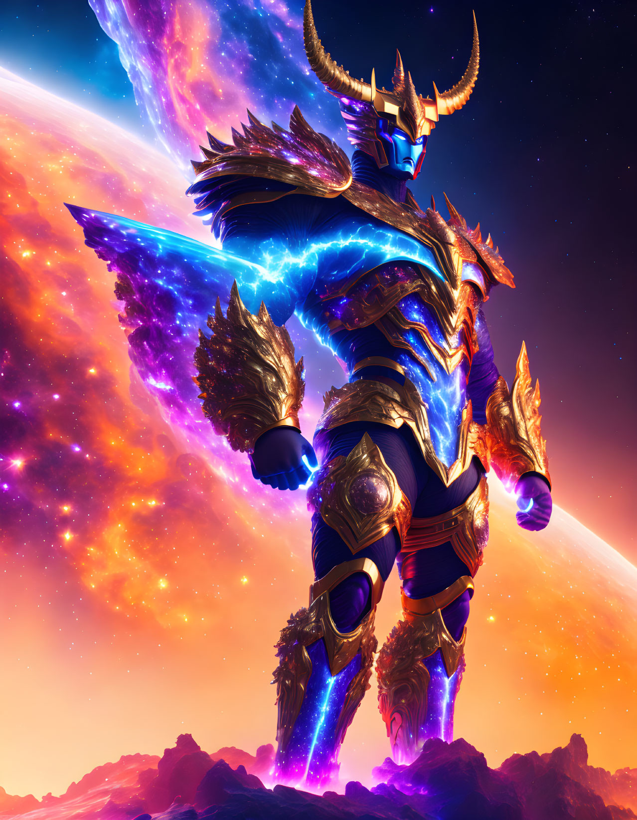 Majestic warrior in ornate armor against cosmic backdrop with vibrant nebulae