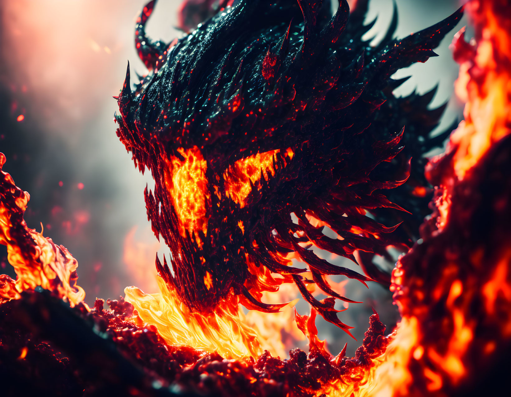 Fiery dragon with glowing eyes and scales in flames