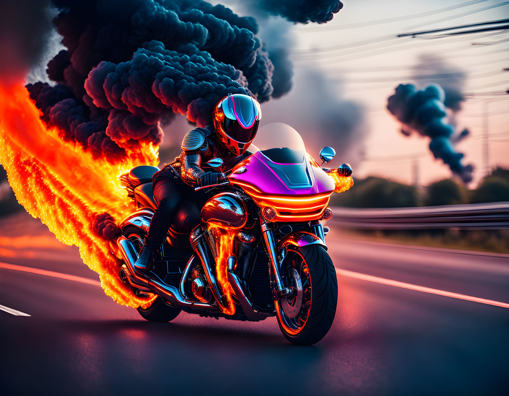 Futuristic rider on flaming motorcycle speeds on dark highway