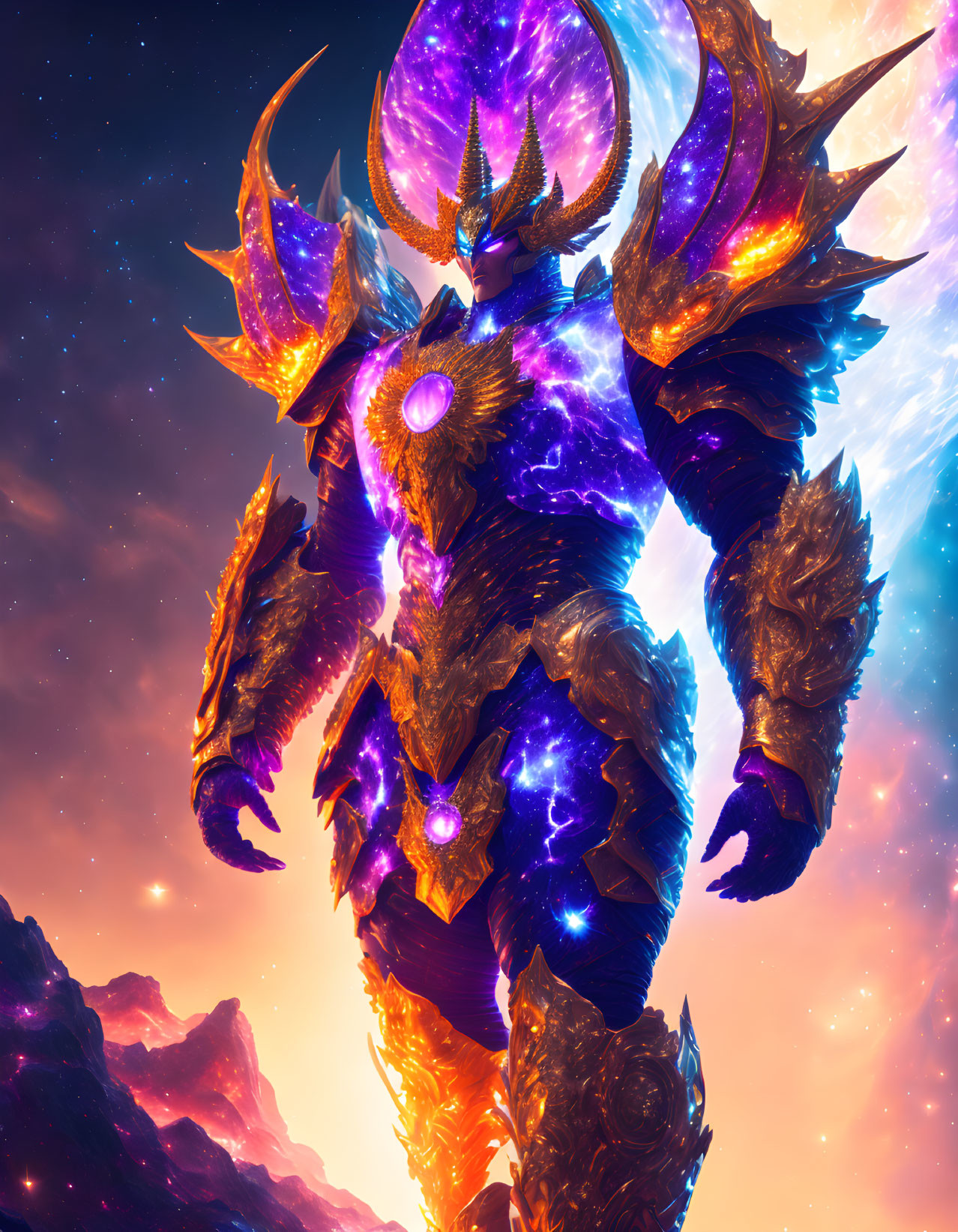 Celestial armored entity in violet and gold under ringed planet