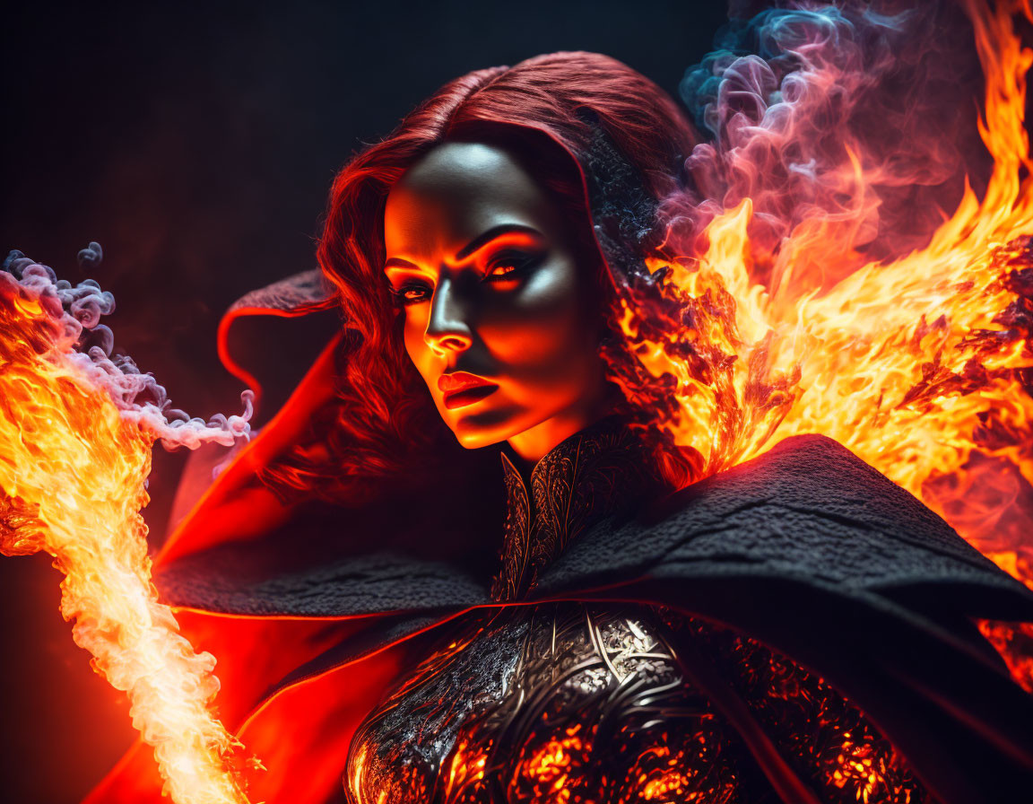 Fiery red-orange portrait with dynamic cape