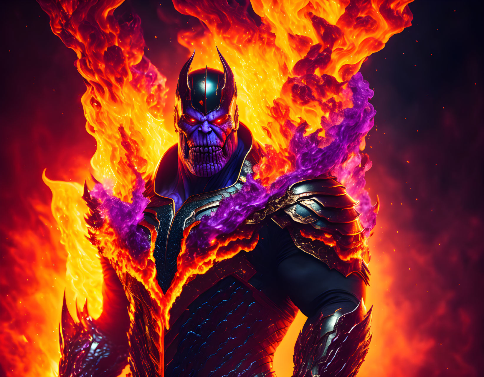 Dark Armored Figure with Purple Glowing Eyes in Fiery Surroundings