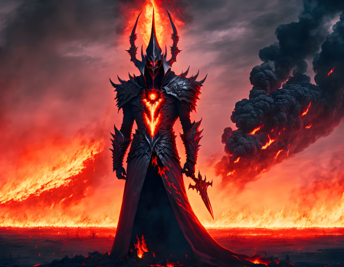 Menacing figure in black armor with flaming sword in fiery landscape