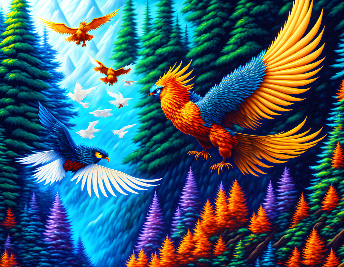 Mythical firebirds soar over vibrant forest in digital art