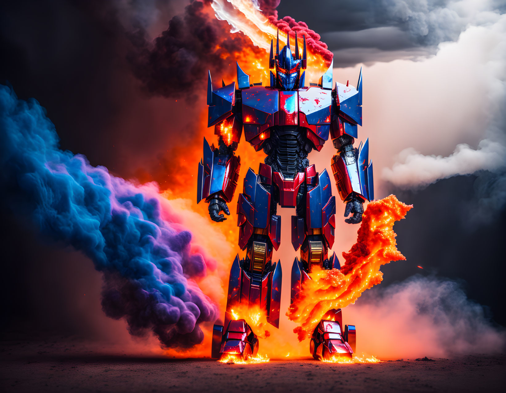 Colorful Robotic Figure Surrounded by Fiery Orange and Cool Blue Smokes