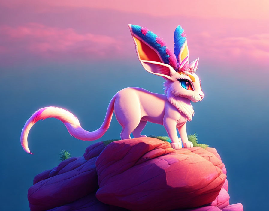 Fantastical fennec fox-like creature with colorful ears and tail on rocky ledge