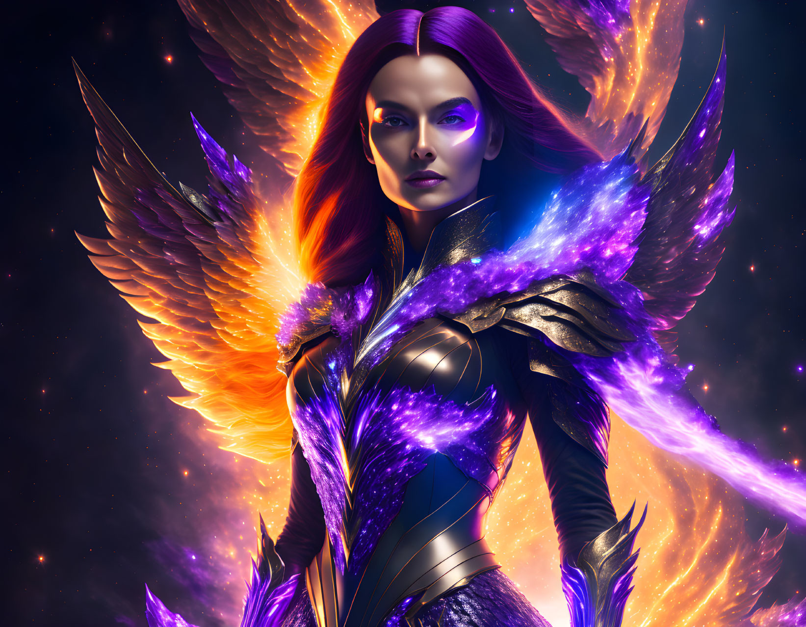 Fantasy female character with fiery wings in cosmic space