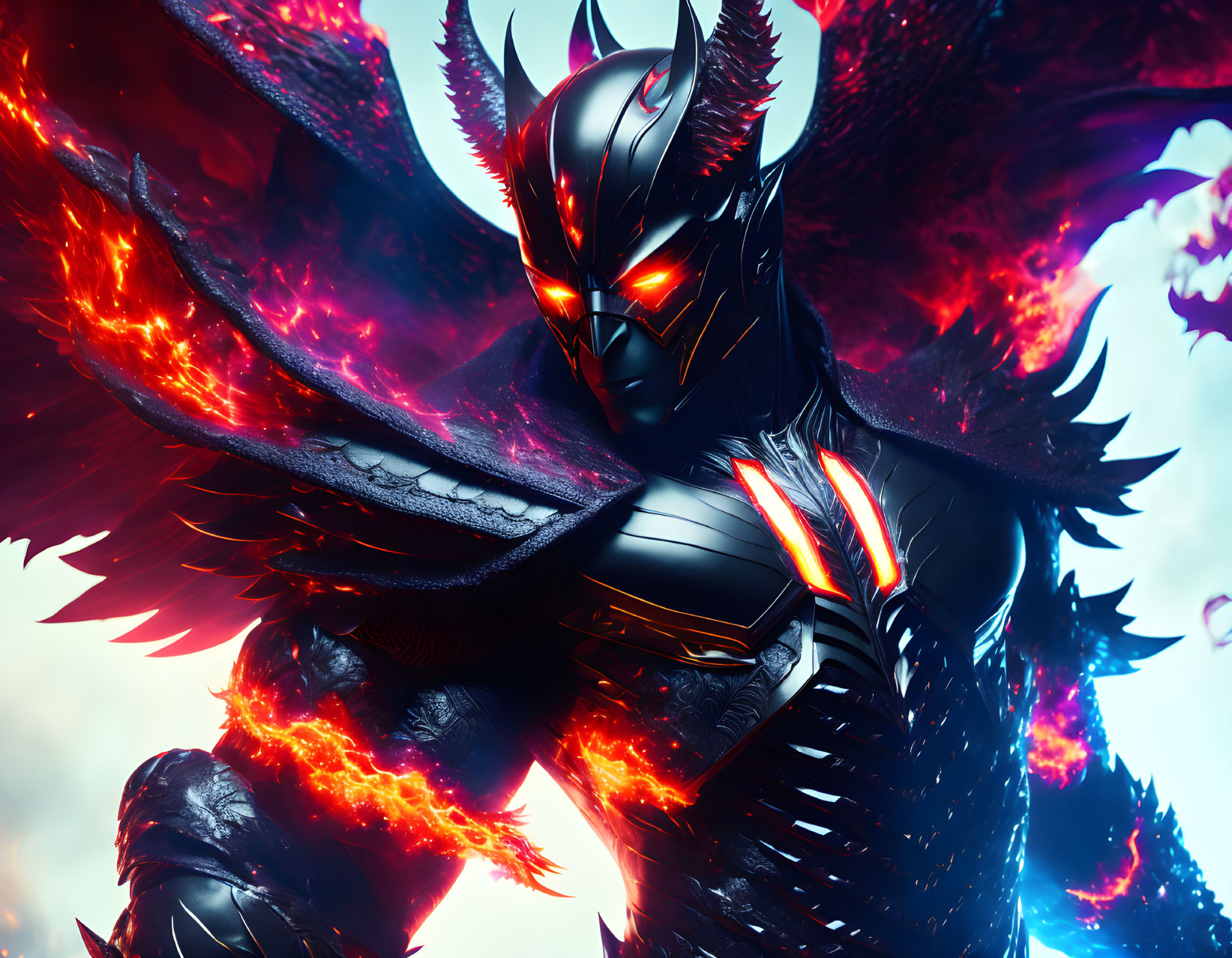 Armored figure with red eyes and fiery wings in dramatic setting