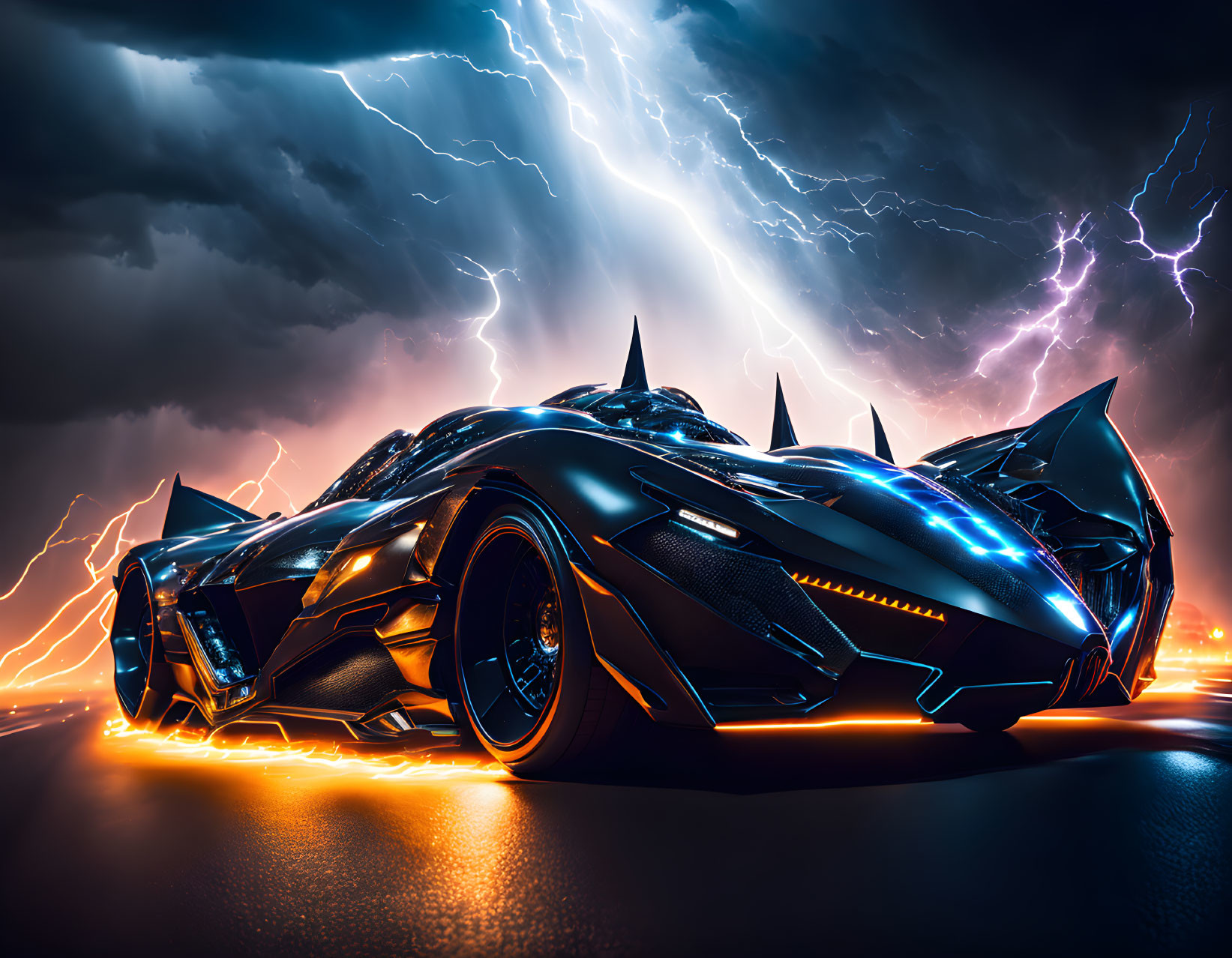 Futuristic black car with glowing blue accents in stormy sky