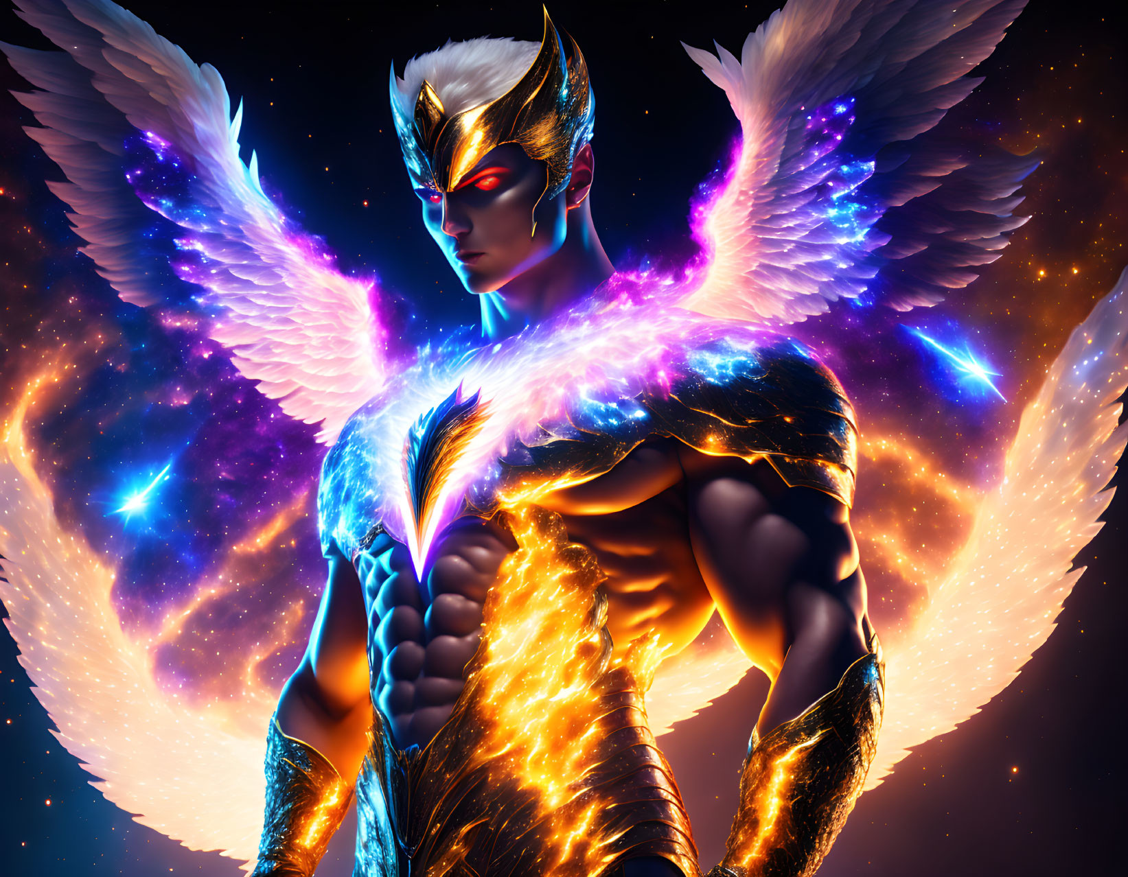 Winged superhero in golden armor against cosmic backdrop