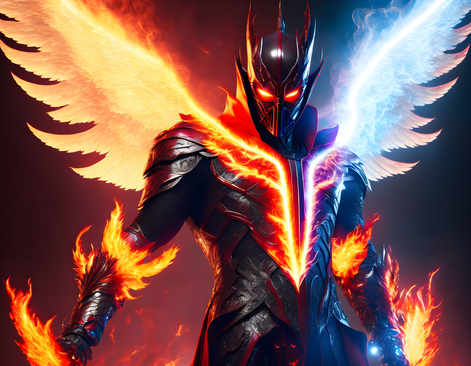 Futuristic warrior with glowing red visor and fiery wings holding ice sword