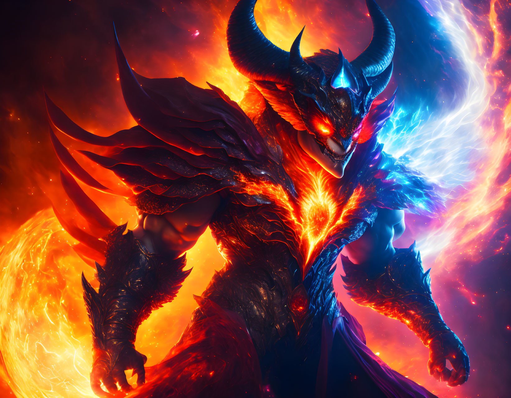 Fiery demon with glowing eyes and horns against blazing backdrop