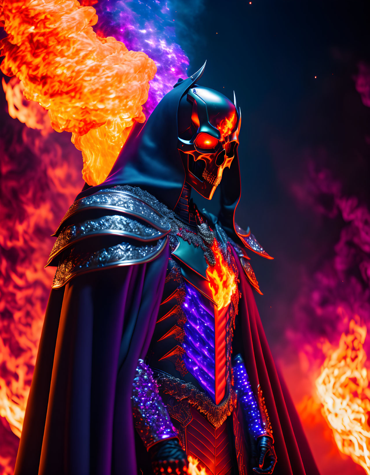 Dark Armored Figure with Glowing Skull Mask Amid Fiery Explosions