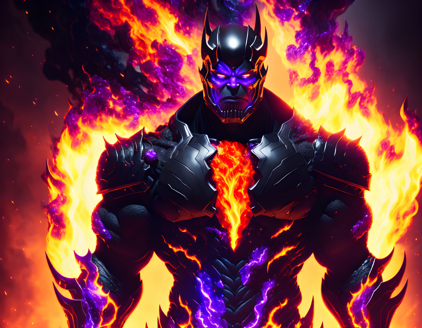 Armored figure with glowing purple eyes and fiery aura