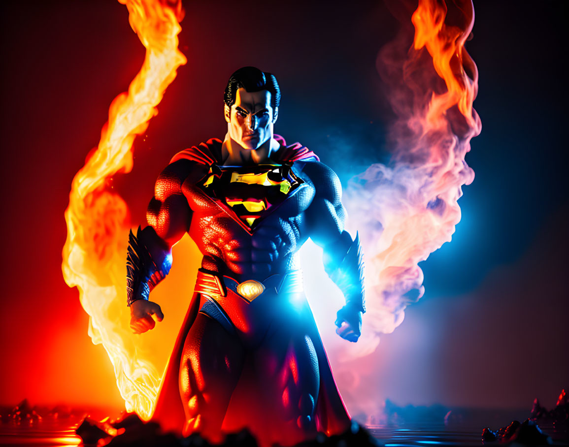 Superman figure in heroic pose with fiery backdrop