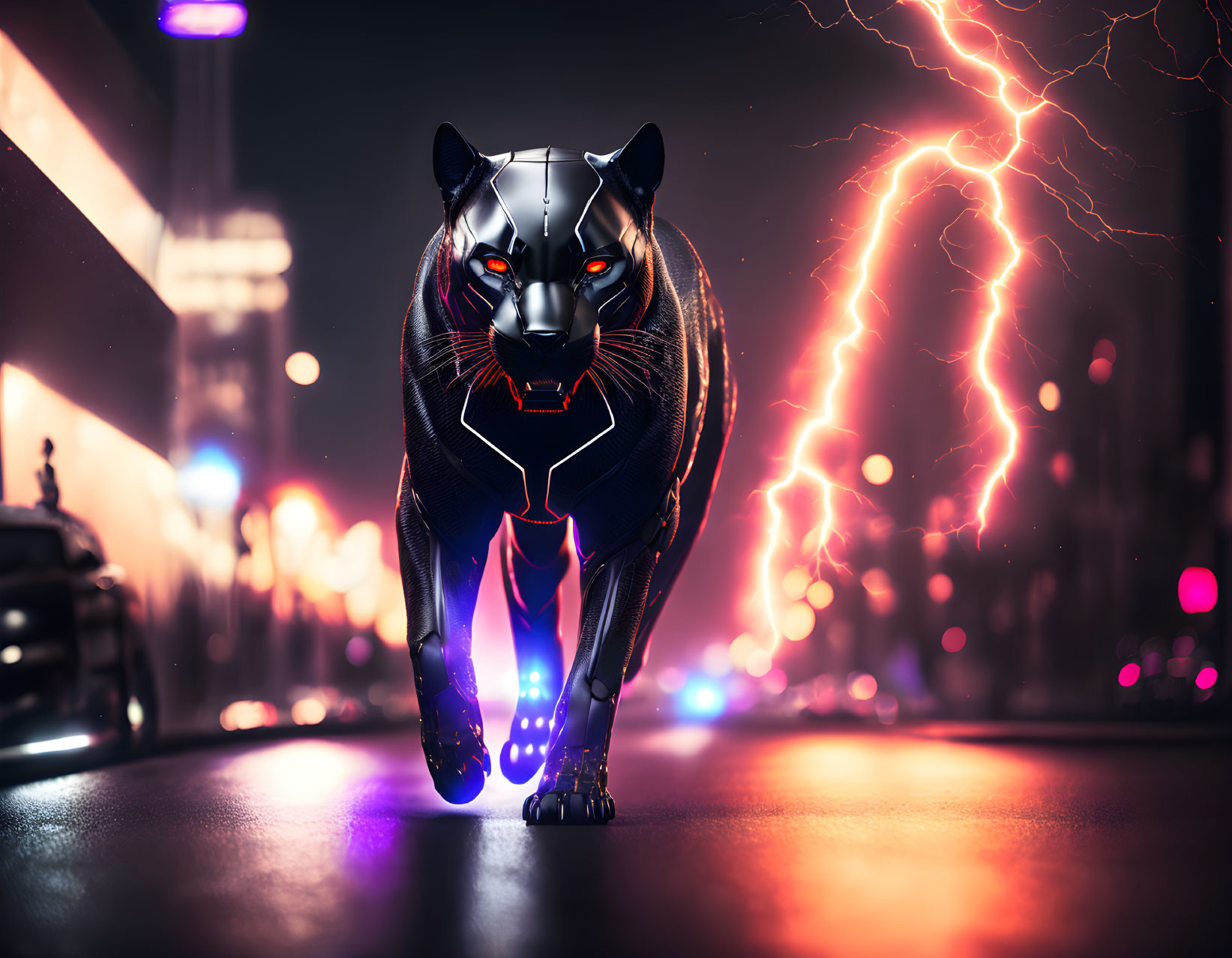 Futuristic robotic black panther in neon-lit city with lightning.