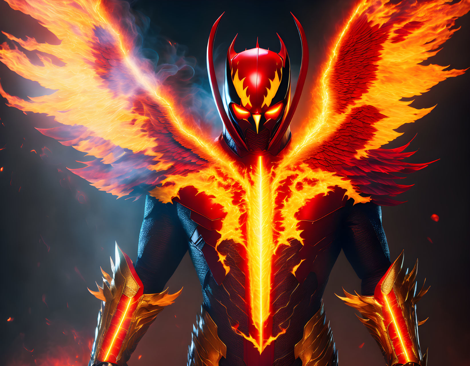 Fiery character with red mask and blazing wings.