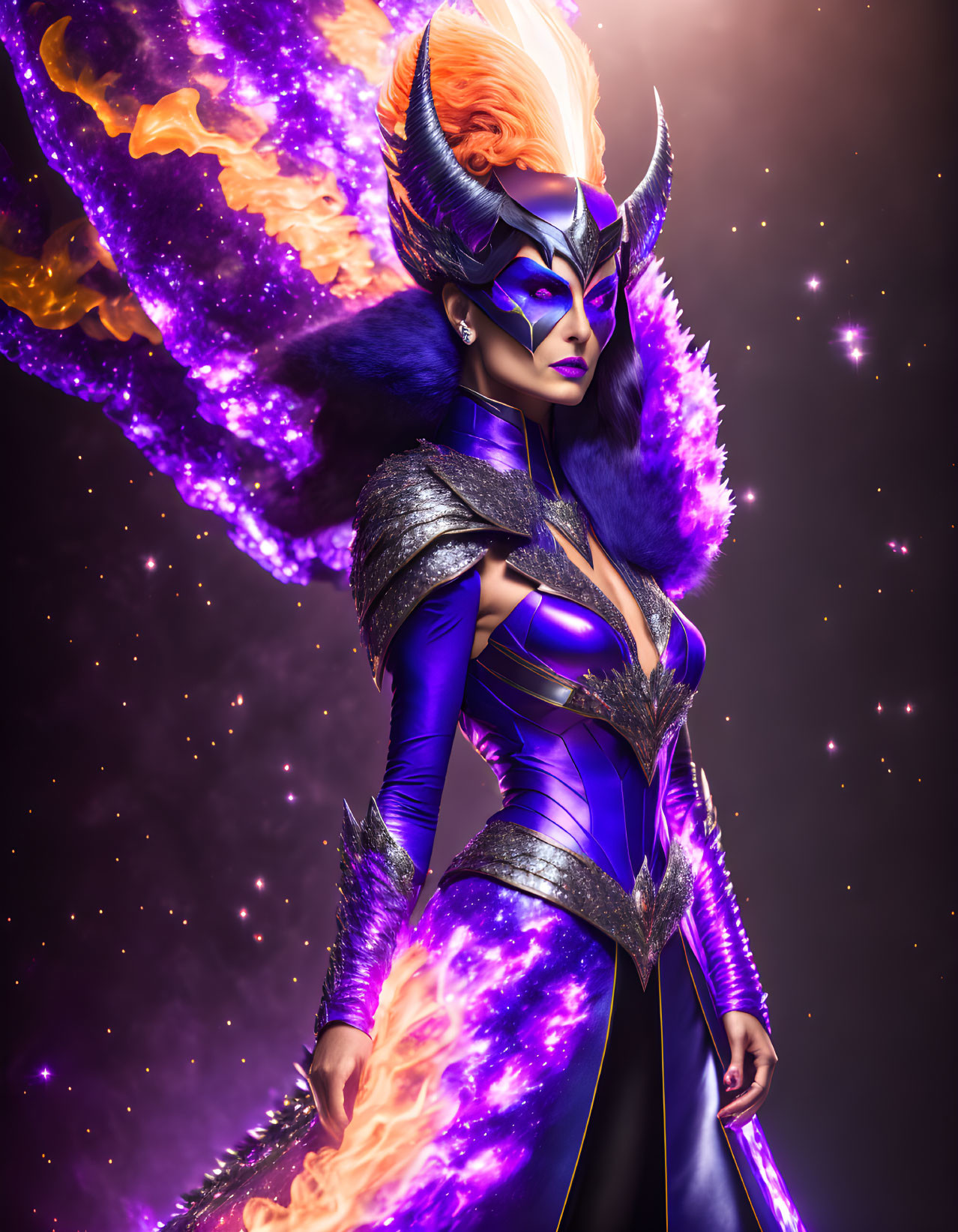 Fantasy character with fiery wing-like hairpiece in purple and black armor against cosmic backdrop.