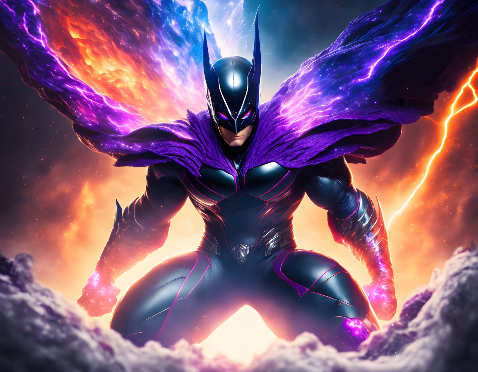 Superhero in black and silver suit with purple cape against cosmic backdrop