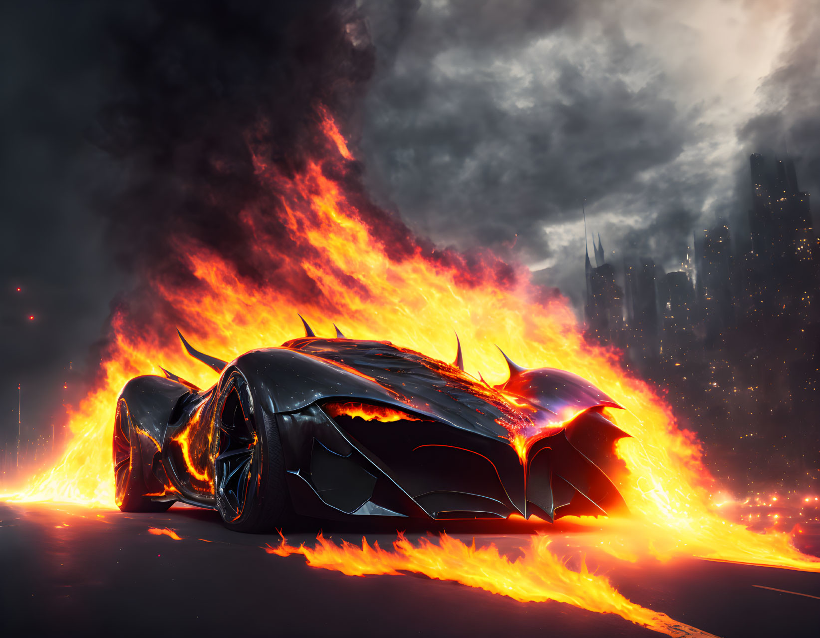 Futuristic car surrounded by flames on dark city road