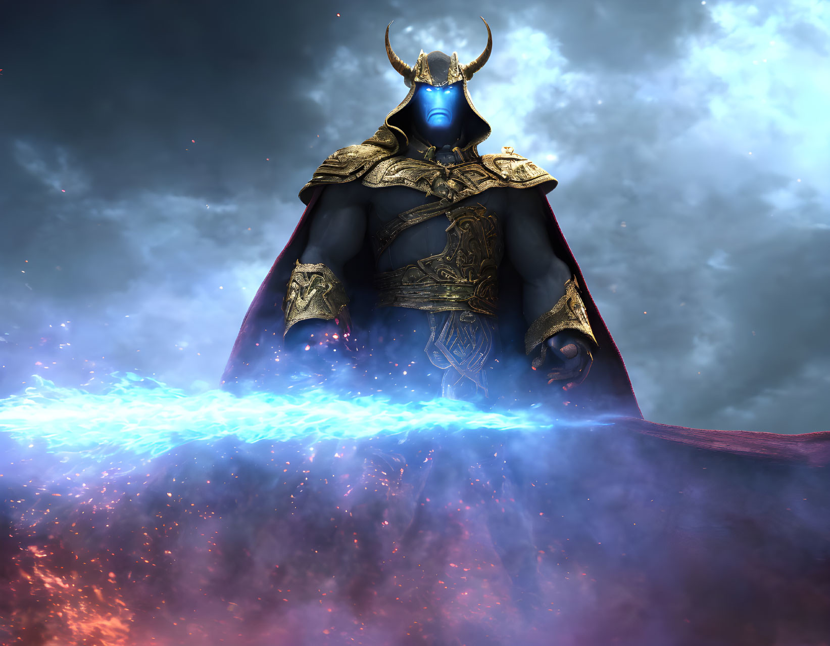 Majestic figure in golden armor with glowing blue face against stormy sky