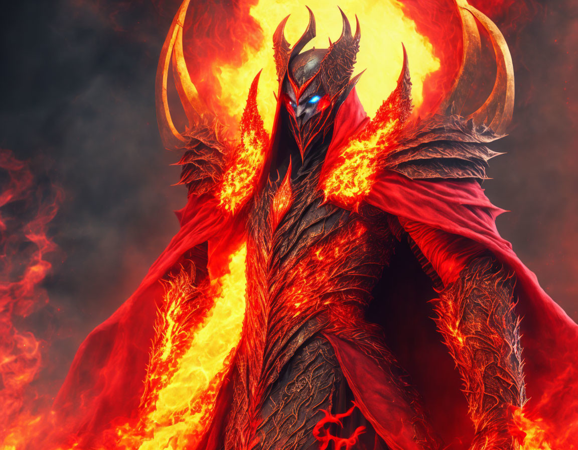 Menacing armored figure with glowing blue eyes in fiery red robes before giant flaming moon.