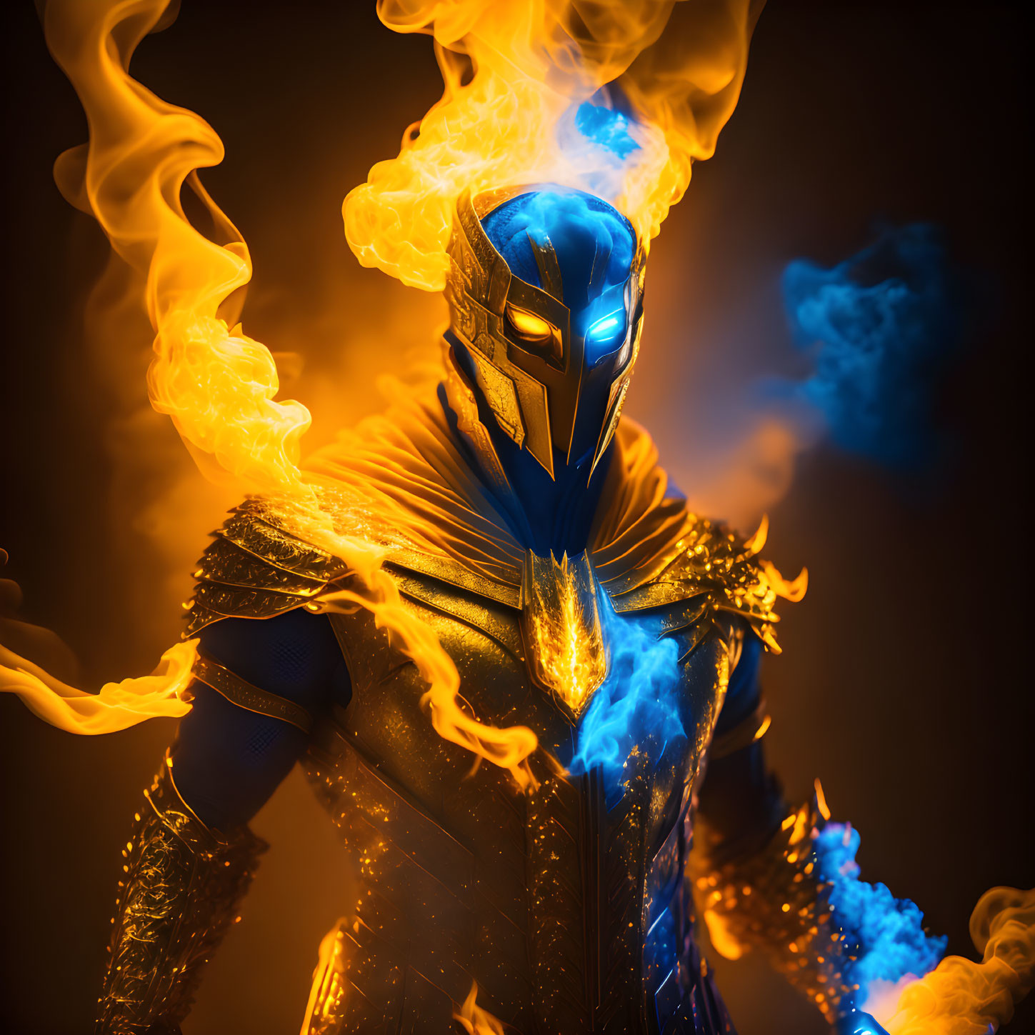 Superhero in Blue and Gold Costume Amid Fiery Flames