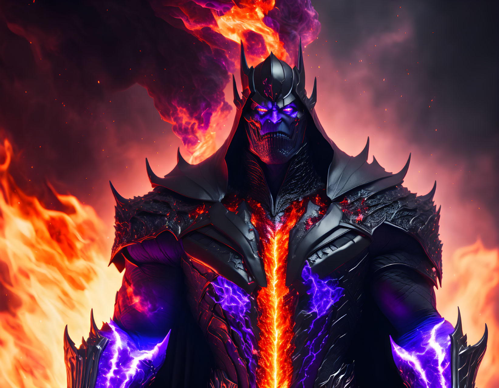 Dark armored figure with glowing purple eyes in fiery backdrop.