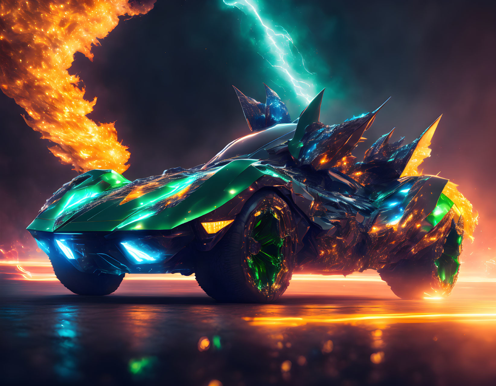 Armored vehicle with neon lights and flames on dark electrified background